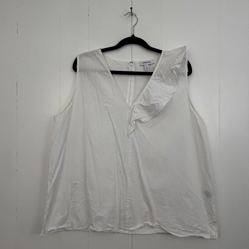 Nordstrom Womens XL White Ruffle‎ V-Neck Sleeveless Cotton Blouse Top